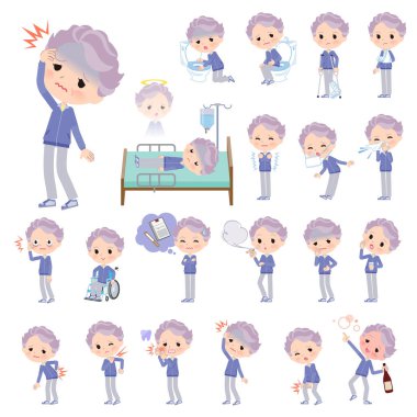 Mavi formalı, sakat ve hasta bir grup yaşlı kadın. Vektör sanatını düzenlemek çok kolay..