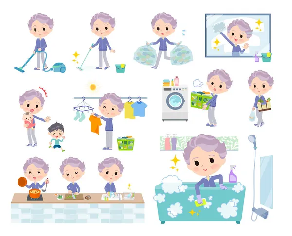 Set Elderly Women Blue Jerseys Related Housekeeping Cleaning Laundry Vector — Stock Vector