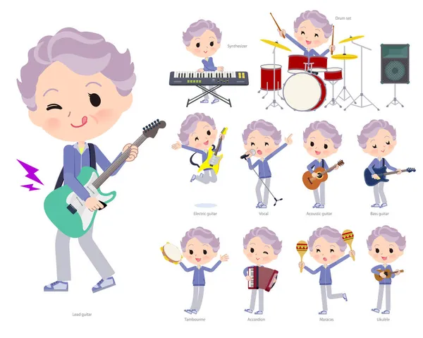 Sada Starších Žen Modrých Dresech Které Hrají Rock Roll Pop — Stockový vektor
