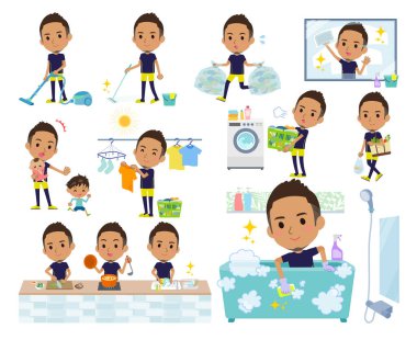 Temizlik ve çamaşır gibi ev işleriyle ilgili spor giyim sektöründe bir grup Afro-Amerikalı erkek. Düzenlemesi çok kolay vektör sanatı..