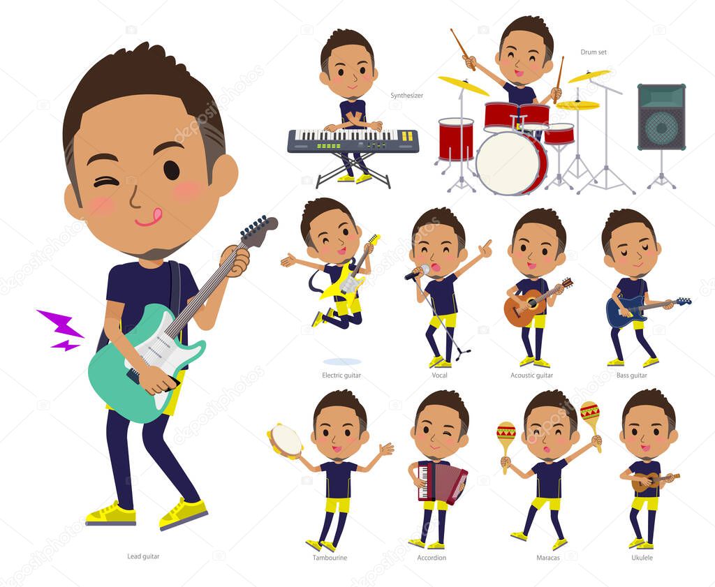A set of African-American men in sportswear playing rock 'n' roll and pop music.It's vector art so easy to edit.