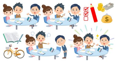 Bir öğretmeninin öğrencilerle ve ailelerle tartıştığı bir resim seti. Düzenlemesi çok kolay bir vektör sanatı..