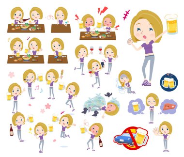 Spor giyim sektöründe bir grup sarışın Amerikalı kadın. Alkolle ilgili. Vektör sanatını düzenlemek çok kolay..