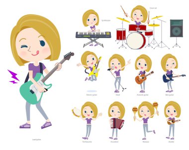 Bir grup Amerikalı sarışın kadın spor giyim kuşağında rock 'n' roll ve pop müzik çalıyorlar. Vektör sanatını düzenlemek çok kolay..