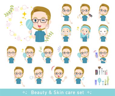 Güzellik üzerine spor giyim bölümünde bir grup Amerikalı sarışın adam. Cilt bakımı ve makyaj gibi çeşitli eylemler var. Düzenlemesi çok kolay bir vektör sanatı..