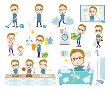 Temizlik ve çamaşır gibi ev işleriyle ilgili spor giyim sektöründe çalışan bir grup Amerikalı sarı saçlı adam. Düzenlemesi çok kolay vektör sanatı..