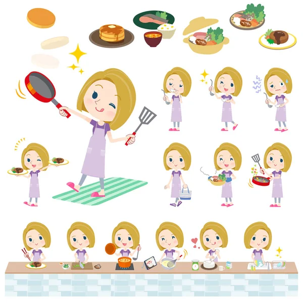 Spor giyim kuşağındaki bir grup Amerikalı sarışın kadın yemek pişirme hakkında. Vektör sanatını düzenlemek çok kolay..