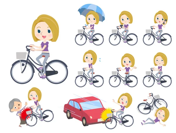 Spor kıyafetli bir grup Amerikalı sarışın kadın bisiklet sürüyor. Bu vektör sanatını düzenlemek çok kolay..