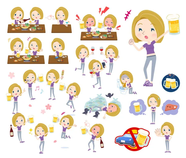 Spor giyim sektöründe bir grup sarışın Amerikalı kadın. Alkolle ilgili. Vektör sanatını düzenlemek çok kolay..