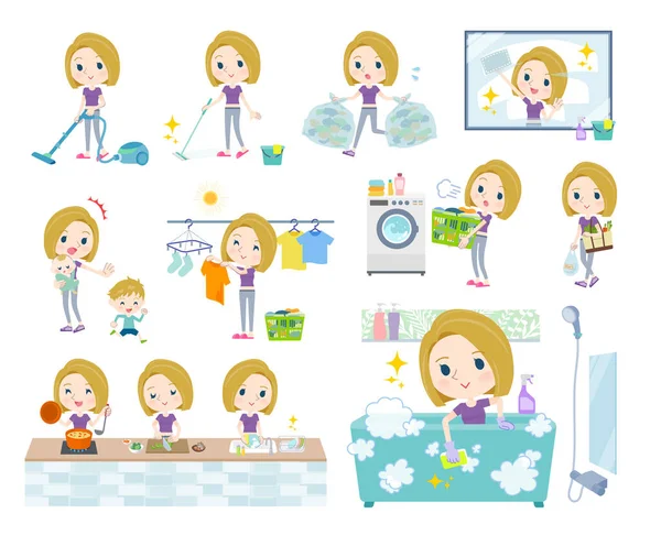 Temizlik ve çamaşırhane gibi spor kıyafetleri giyen bir grup Amerikalı sarışın kadın. Düzenlemesi çok kolay vektör sanatı..