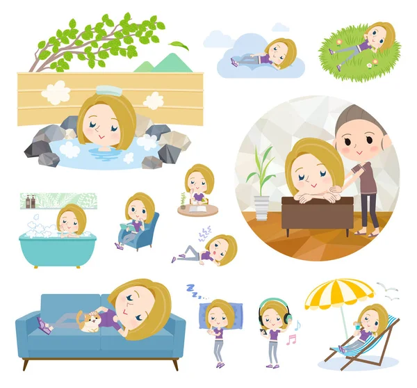 Spor giyimli bir grup Amerikalı sarışın kadın rahatlama hakkında. Vektör sanatını düzenlemek çok kolay..