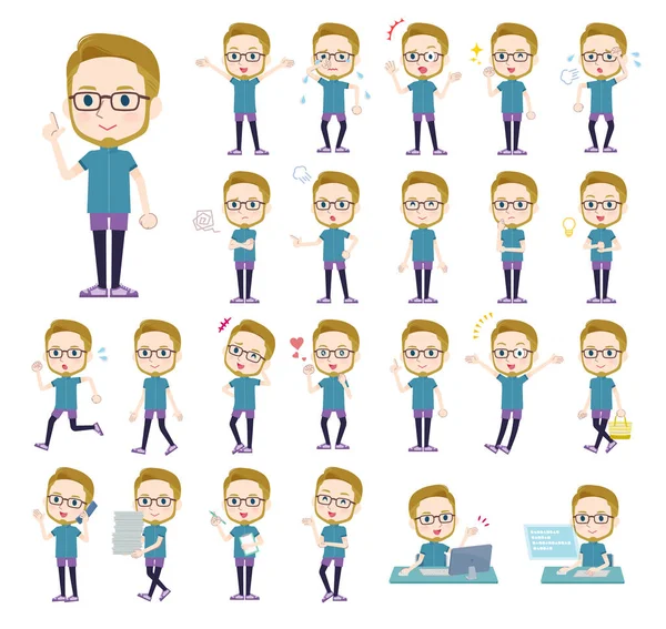 Çeşitli duyguları ifade eden spor giyim bölümündeki bir grup Amerikalı sarı saçlı adam. Düzenlemesi çok kolay vektör sanatı..