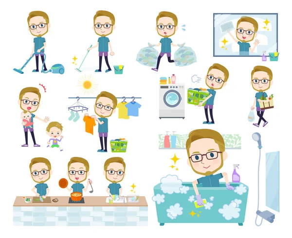 Temizlik ve çamaşır gibi ev işleriyle ilgili spor giyim sektöründe çalışan bir grup Amerikalı sarı saçlı adam. Düzenlemesi çok kolay vektör sanatı..