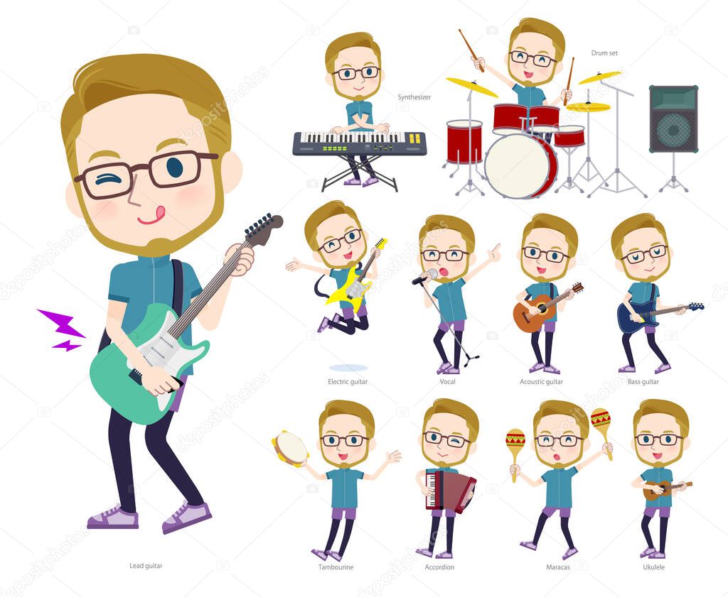 A set of American blond hair man in sportswear playing rock 'n' roll and pop music.It's vector art so easy to edit.