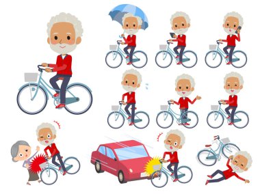 Şehir bisikletine binen kırmızı formalı bir grup yaşlı adam. Vektör sanatını düzenlemek çok kolay..