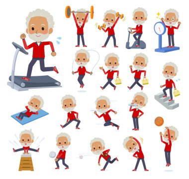 Spor ve spor yapan kırmızı formalı bir grup yaşlı adam. Vektör sanatını düzenlemek çok kolay..
