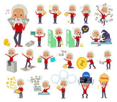 Para ve ekonomiyle ilgili kırmızı formalı bir grup yaşlı adam. Vektör sanatını düzenlemek çok kolay..