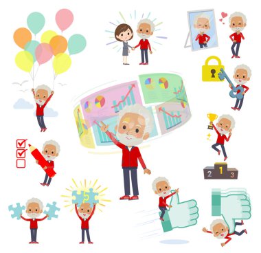 Kırmızı formalı yaşlı bir adam grubu. Başarı ve olumluluk üzerine. Vektör sanatını düzenlemek çok kolay..