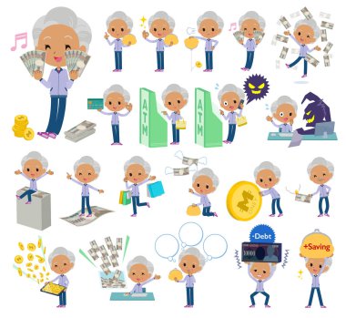 Para ve ekonomiyle ilgili mor formalı bir grup yaşlı kadın. Vektör sanatını düzenlemek çok kolay..