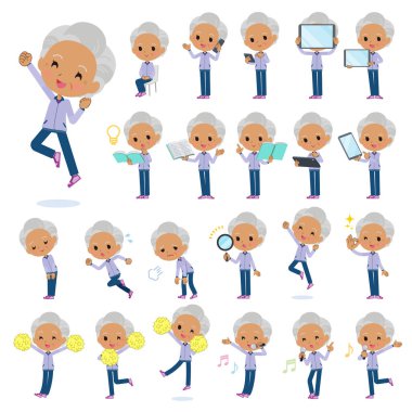 Akıllı telefonlar gibi dijital donanıma sahip mor formalı bir grup yaşlı kadın. Vektör sanatını düzenlemek çok kolay..