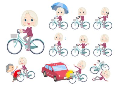 Şehir bisikletine binen mor formalı bir grup yaşlı kadın. Düzenlemesi çok kolay vektör sanatı..