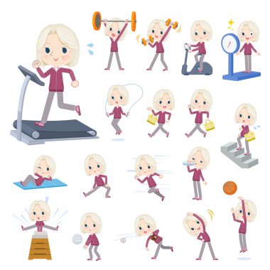 Egzersiz ve spor üzerine mor formalı bir grup yaşlı kadın. Vektör sanatını düzenlemek çok kolay..