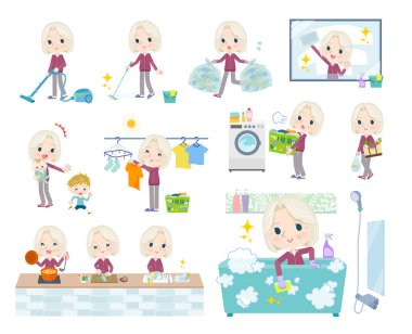 Temizlik ve çamaşırhane gibi mor formalı bir kadın grubu. Düzenlemesi çok kolay vektör sanatı..