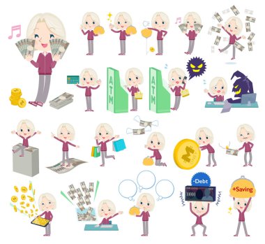 Para ve ekonomiyle ilgili mor formalı bir grup yaşlı kadın. Vektör sanatını düzenlemek çok kolay..