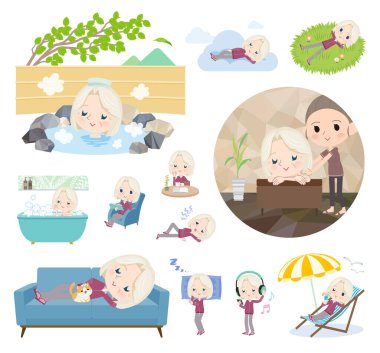 Rahatlamayla ilgili mor formalı bir grup yaşlı kadın. Bu vektör sanatını düzenlemek çok kolay..