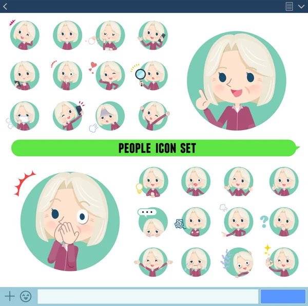 Set Old Woman Purple Jersey Expresses Various Emotions Icon Format — 图库矢量图片