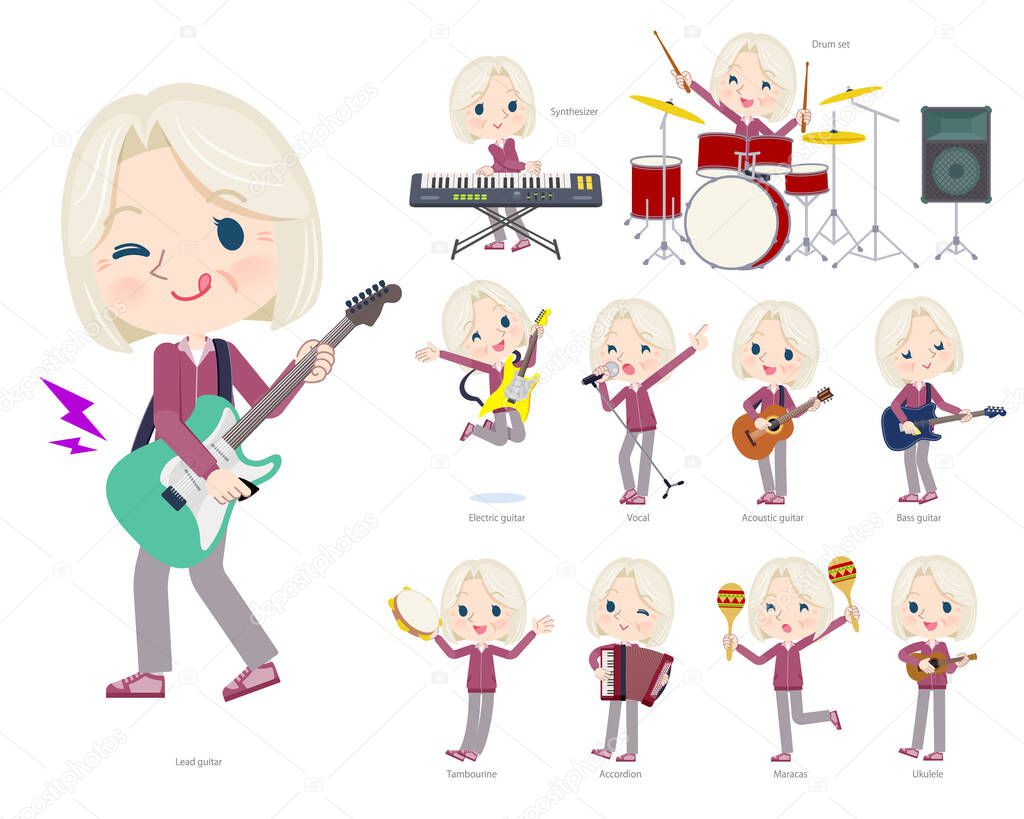 A set of Old woman in a purple jersey playing rock 'n' roll and pop music.It's vector art so easy to edit.