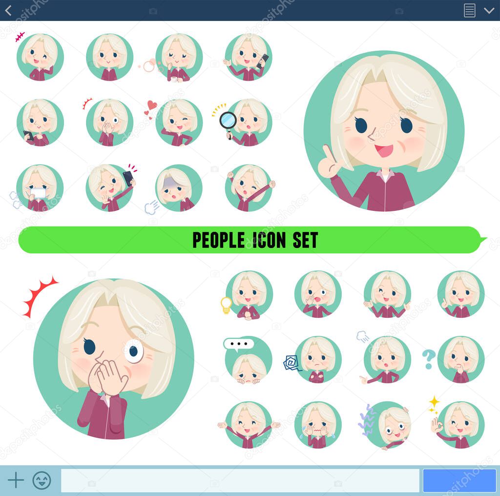 A set of Old woman in a purple jersey with expresses various emotions In icon format.It's vector art so easy to edit.