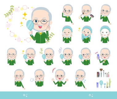 Bir grup yeşil formalı yaşlı adam güzellik üzerine. Cilt bakımı ve makyaj gibi çeşitli eylemler var. Düzenlemesi çok kolay bir vektör sanatı..