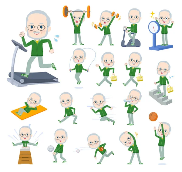 運動やスポーツで緑のジャージを着た老人のセット 編集しやすいベクトルアートです — ストックベクタ