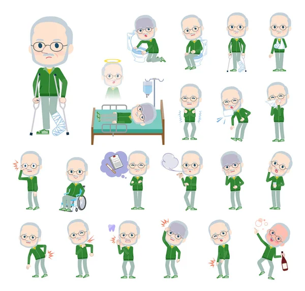Set Old Man Green Jersey Injury Illness Vector Art Easy — Stock Vector