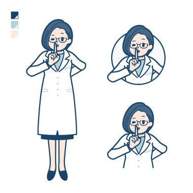 A woman doctor in a lab coat with be quiet hand sign images.It's vector art so it's easy to edit.