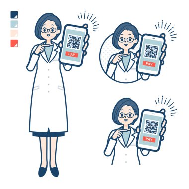 Laboratuar önlüklü bir kadın doktor. Akıllı telefon görüntülerine parasız ödeme yapıyor. Vektör sanatı, yani montajlaması kolay..