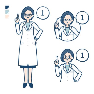 A woman doctor in a lab coat with Counting as 1 images.It's vector art so it's easy to edit.