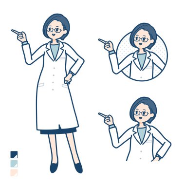 A woman doctor in a lab coat with Explanation Pointing images.It's vector art so it's easy to edit.