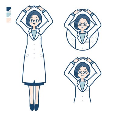 A woman doctor in a lab coat with Making a circle with arms images.It's vector art so it's easy to edit.