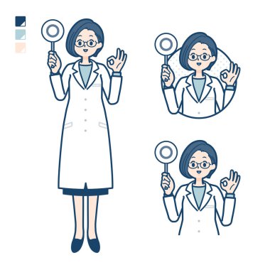 A woman doctor in a lab coat with Put out a circle panel images.It's vector art so it's easy to edit.