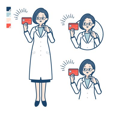 A woman doctor in a lab coat with pointing at credit card images.It's vector art so it's easy to edit.
