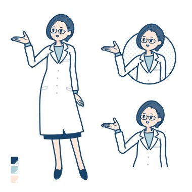 A woman doctor in a lab coat with Explanation images.It's vector art so it's easy to edit.