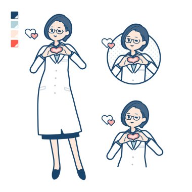 A woman doctor in a lab coat with making a heart symbol by hand images.It's vector art so it's easy to edit.