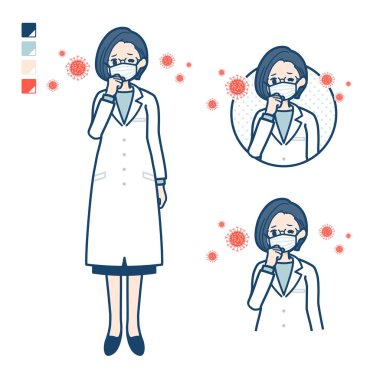 A woman doctor in a lab coat with Put on a mask and cough images.It's vector art so it's easy to edit.