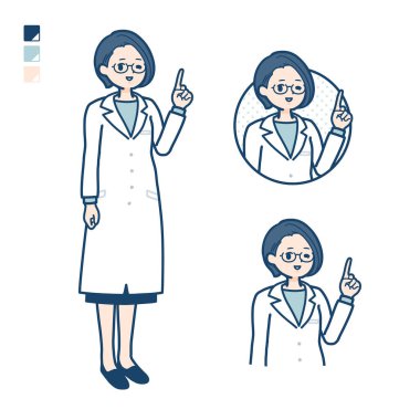 A woman doctor in a lab coat with pointing hand sign images.It's vector art so it's easy to edit.