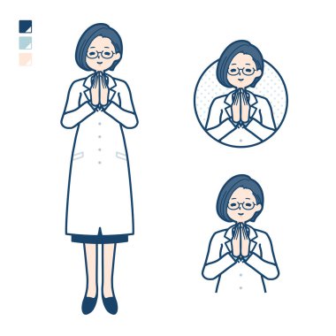 A woman doctor in a lab coat with press hands in prayer images.It's vector art so it's easy to edit.