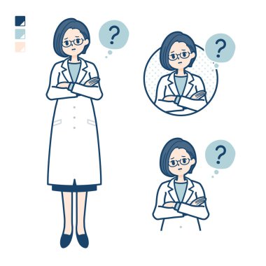 A woman doctor in a lab coat with Question images.It's vector art so it's easy to edit.
