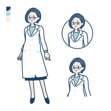 A woman doctor in a lab coat with Relaxed pose images.It's vector art so it's easy to edit.