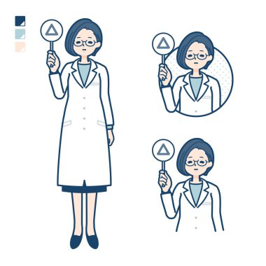A woman doctor in a lab coat with Put out a Triangle panel images.It's vector art so it's easy to edit.